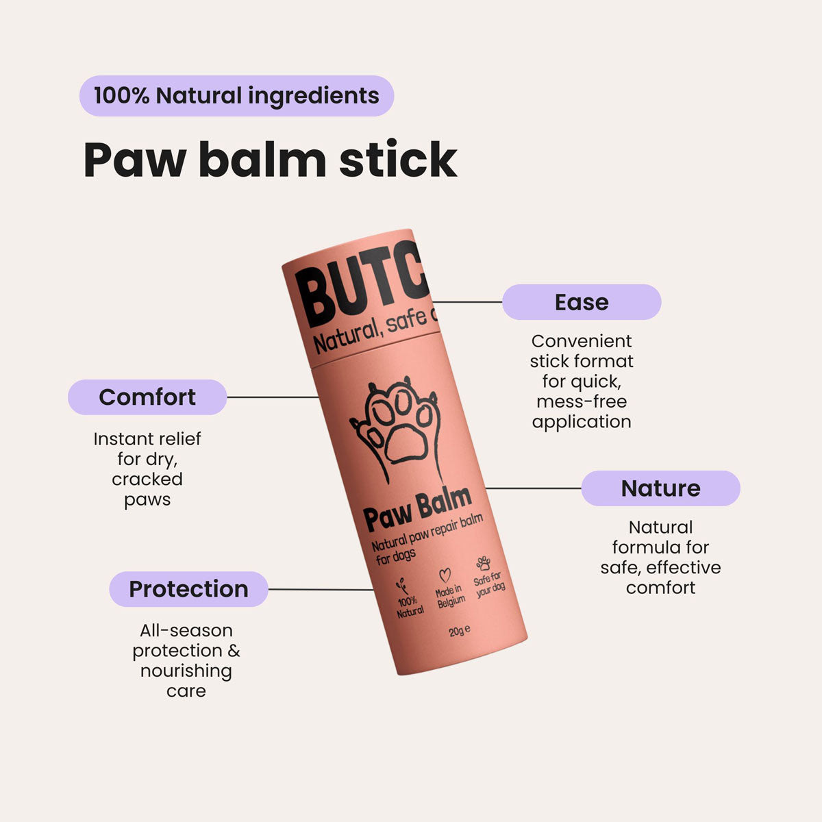 Paw balm stick with features highlighted on a light background